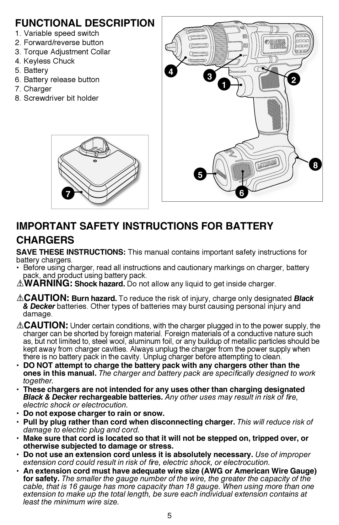 Black & Decker LDX112C instruction manual Functional Description, Important Safety Instructions for Battery Chargers 